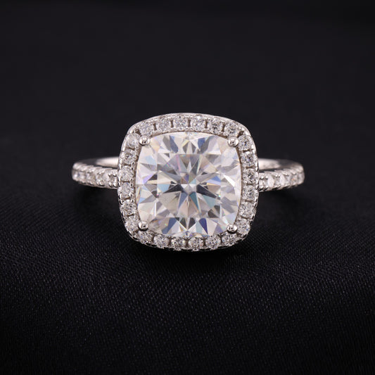 4.5ct Moissanite Cushion Cut Halo Ring - 925 Silver