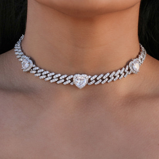 Iced Heart Diamond Cuban Choker Necklace - White Gold