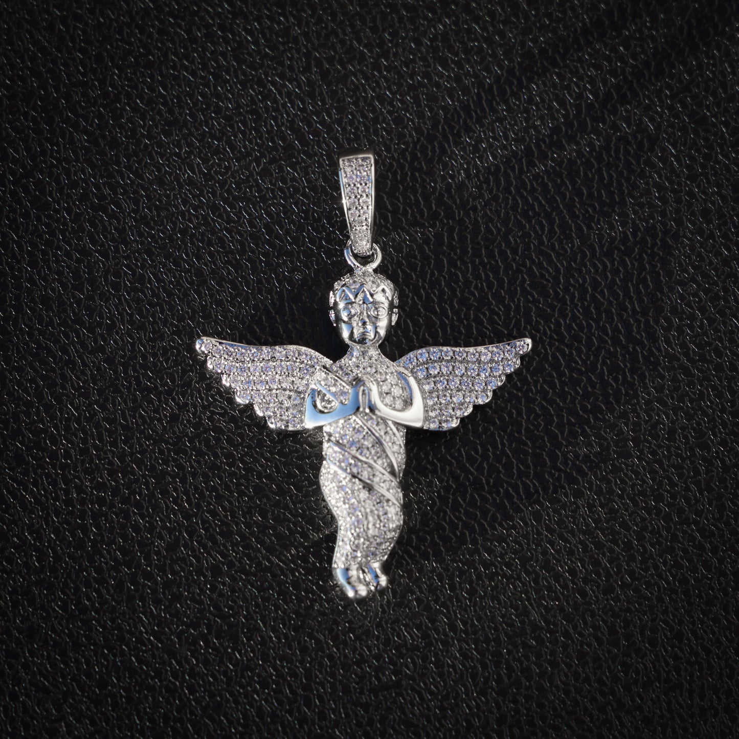 Small Iced Out Angel Pendant - White Gold