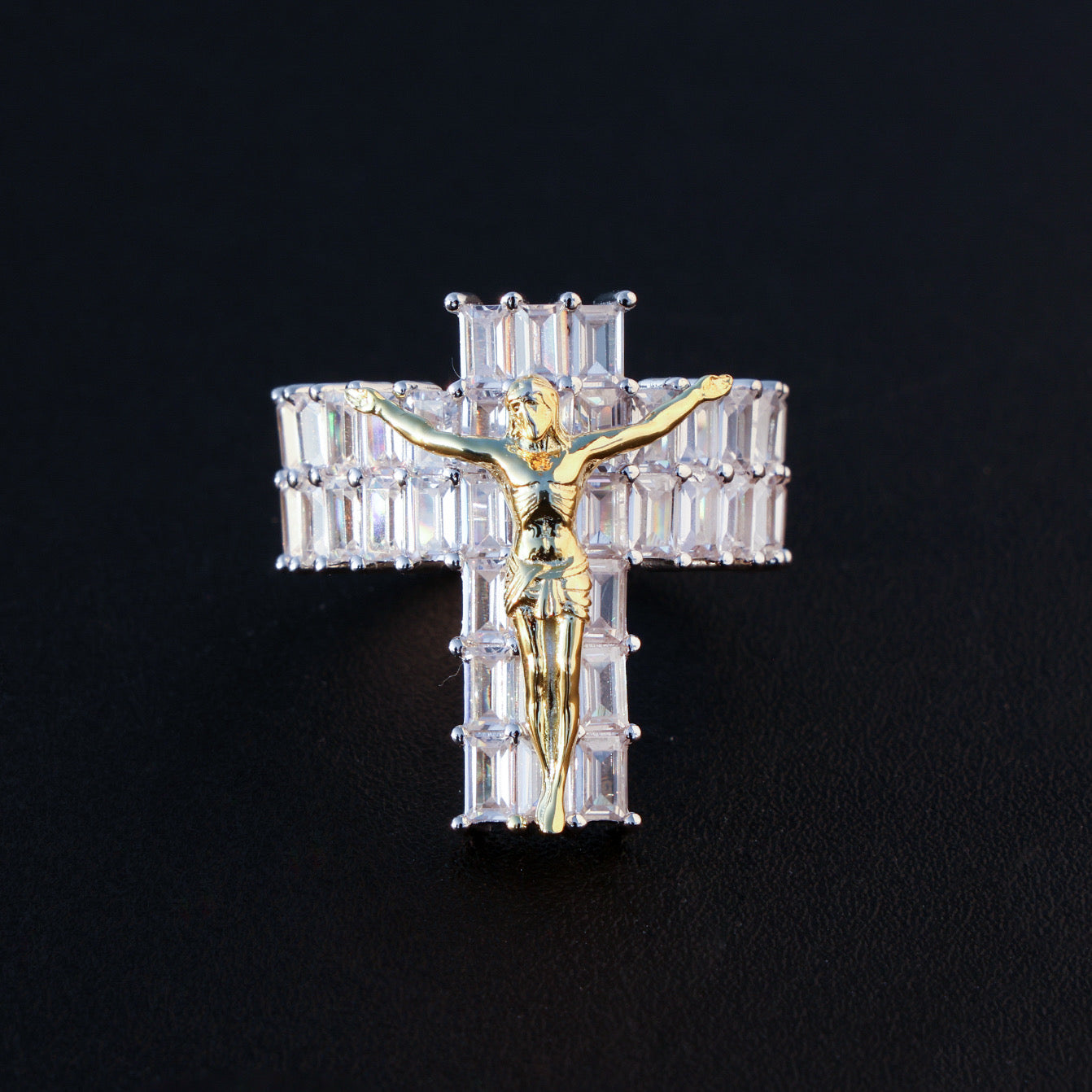 Iced Out Baguette Crucifix Ring - 925 Silver