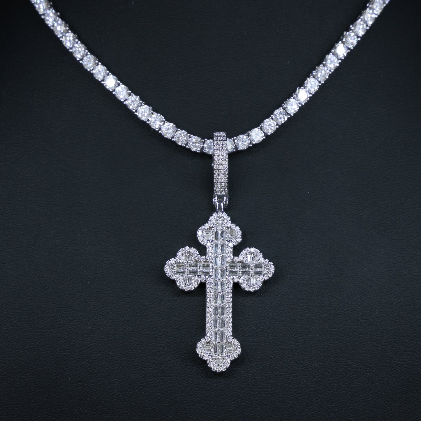 Iced Baguette Budded Cross Pendant - White Gold