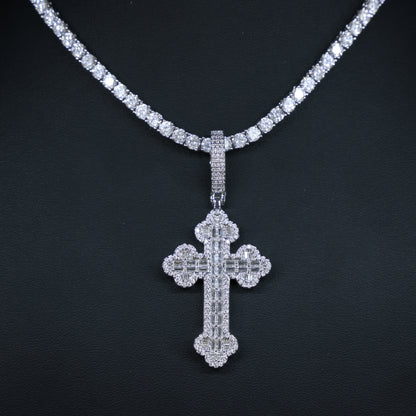 Iced Baguette Budded Cross Pendant - White Gold