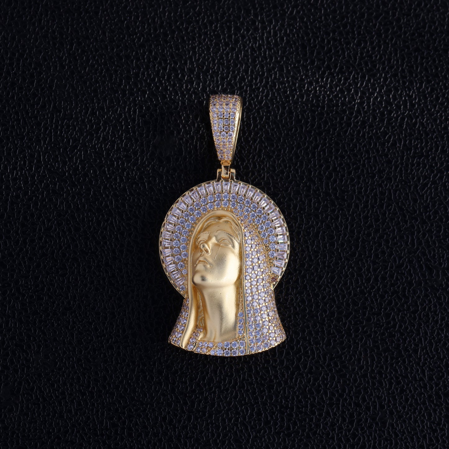 Iced Matte Virgin Mary Baguette Pendant - Gold