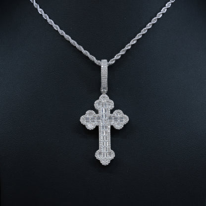 Iced Baguette Budded Cross Pendant - White Gold