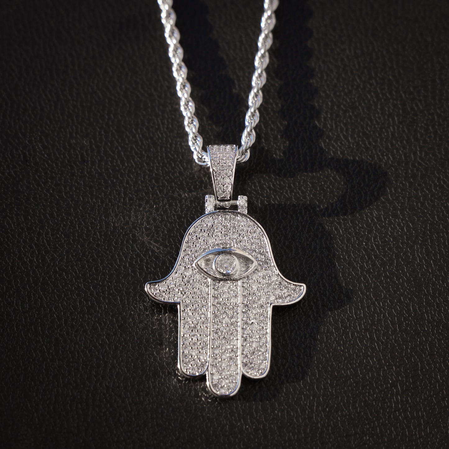 Iced Out Hamsah Pendant - White Gold