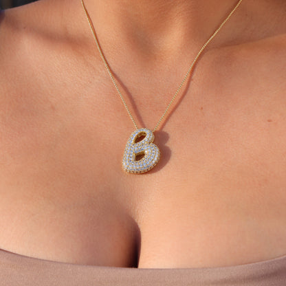 Iced Initial Bubble Letter Necklace - Gold