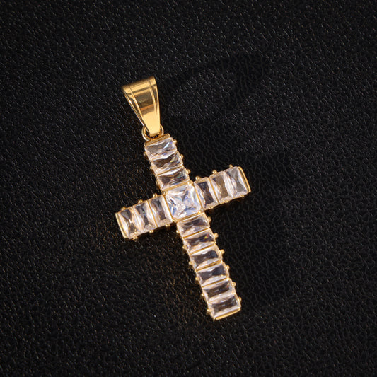 Baguette Cut Cross Pendant - Gold