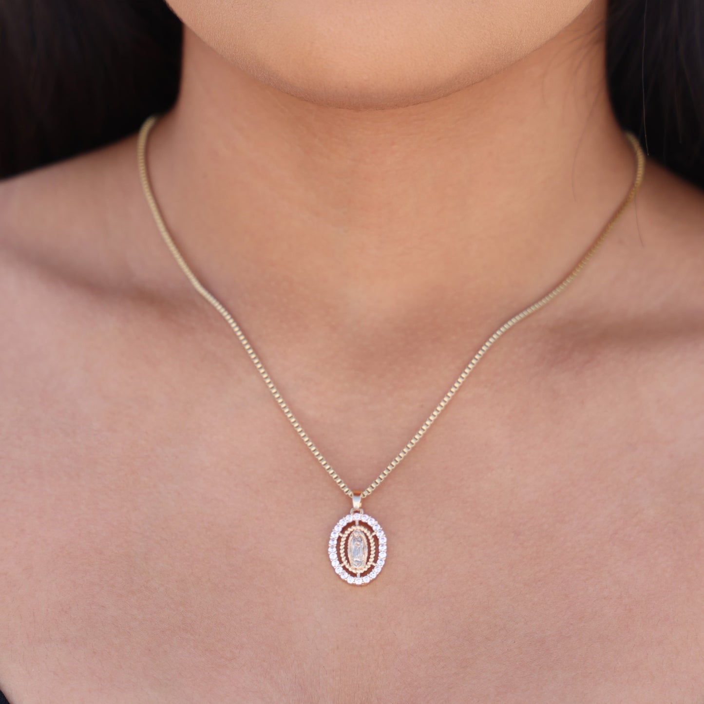 Small Virgin Mary Oval CZ Necklace - Gold