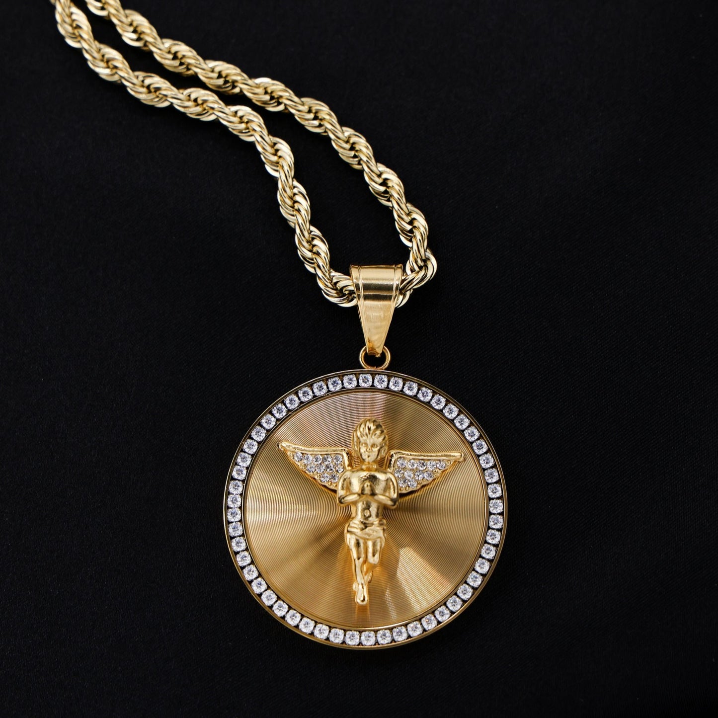 Iced Angel Medallion Pendant - Gold