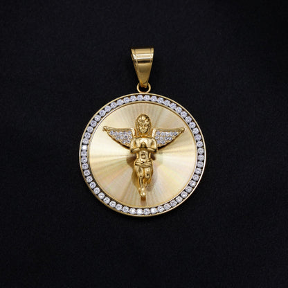 Iced Angel Medallion Pendant - Gold