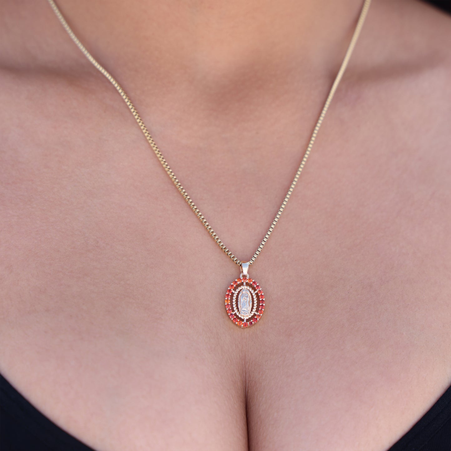 Small Virgin Mary Oval Red CZ Necklace - Gold