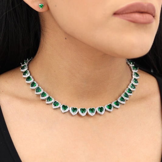 Emerald Heart Diamond Clustered Tennis Necklace - White Gold