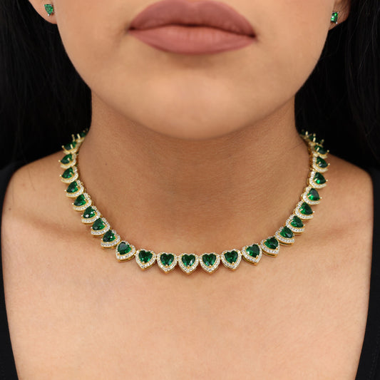 Emerald Heart Diamond Clustered Tennis Necklace - Gold