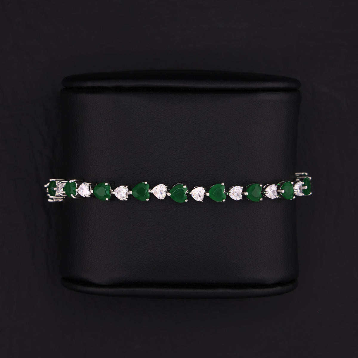 Emerald Green & White Heart Tennis Bracelet - White Gold