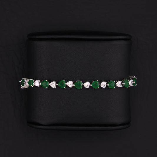 Emerald Green & White Heart Tennis Bracelet - White Gold