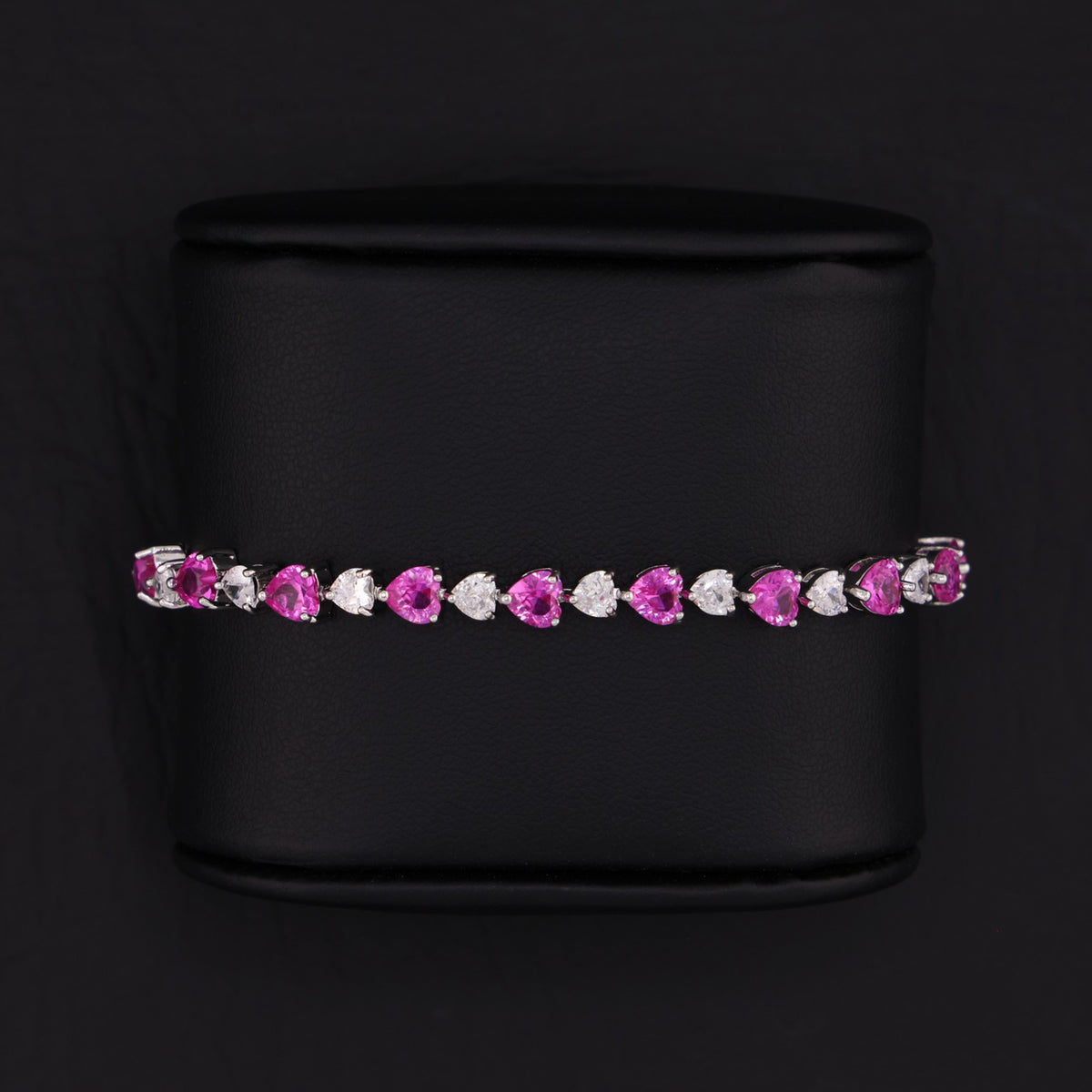 Pink & White Heart Tennis Bracelet - White Gold