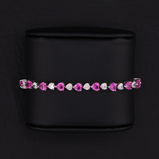 Pink & White Heart Tennis Bracelet - White Gold