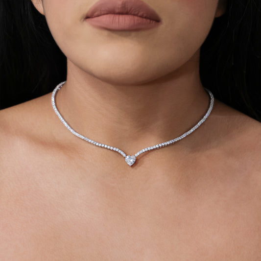 Micro Heart Tennis Necklace - White Gold