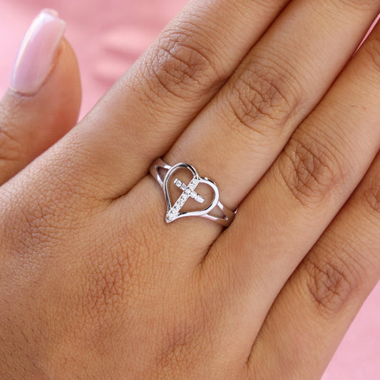 Iced Cross Heart Ring - 925 Silver