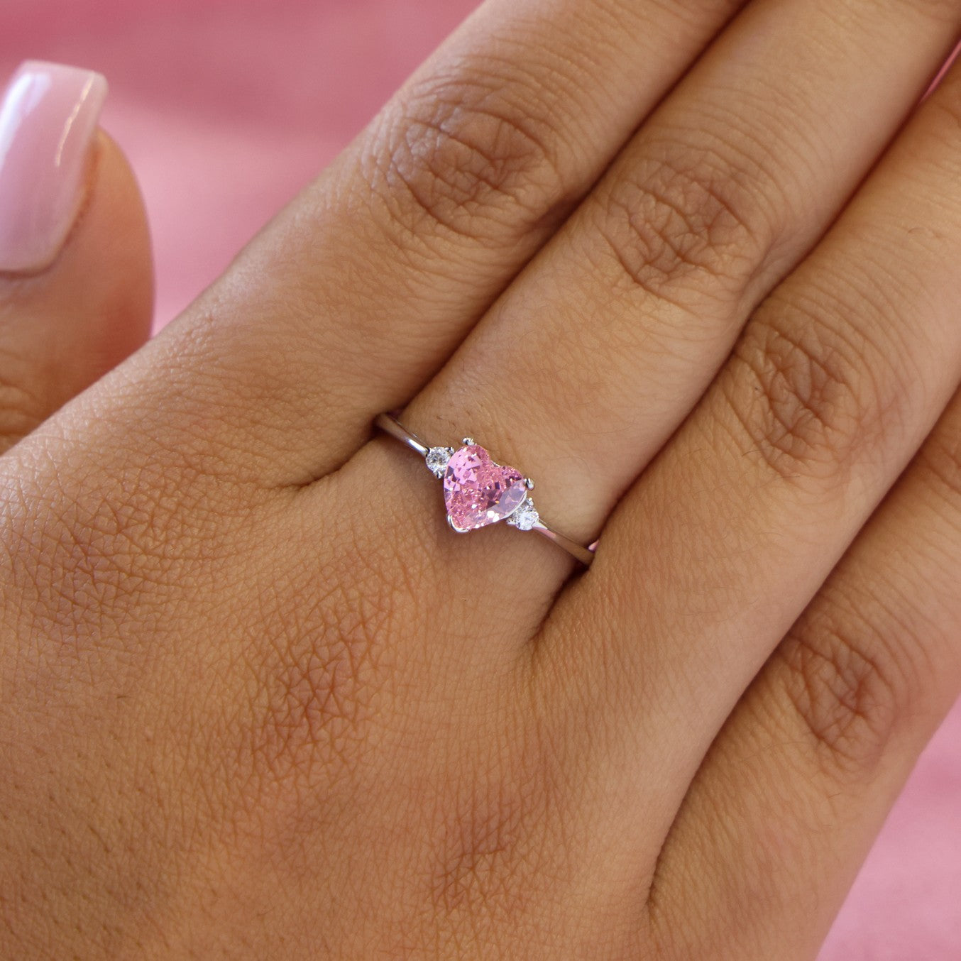 Pink Heart CZ Ring - 925 Silver