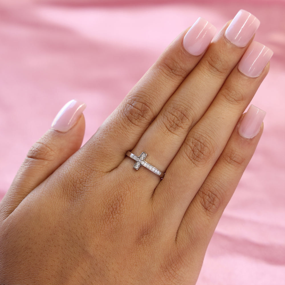 Iced Sideway Cross Ring - 925 Silver
