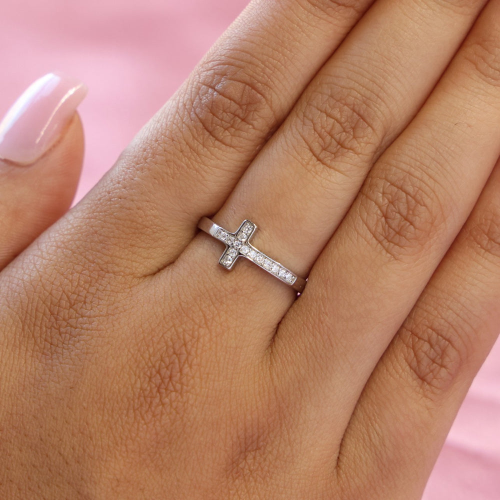 Iced Sideway Cross Ring - 925 Silver