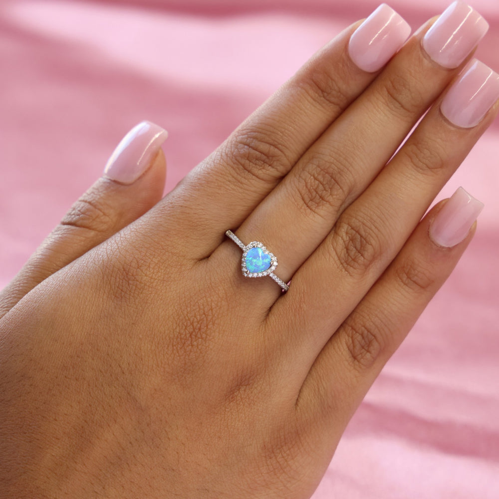 Lab Opal Heart Diamond Ring - 925 Silver