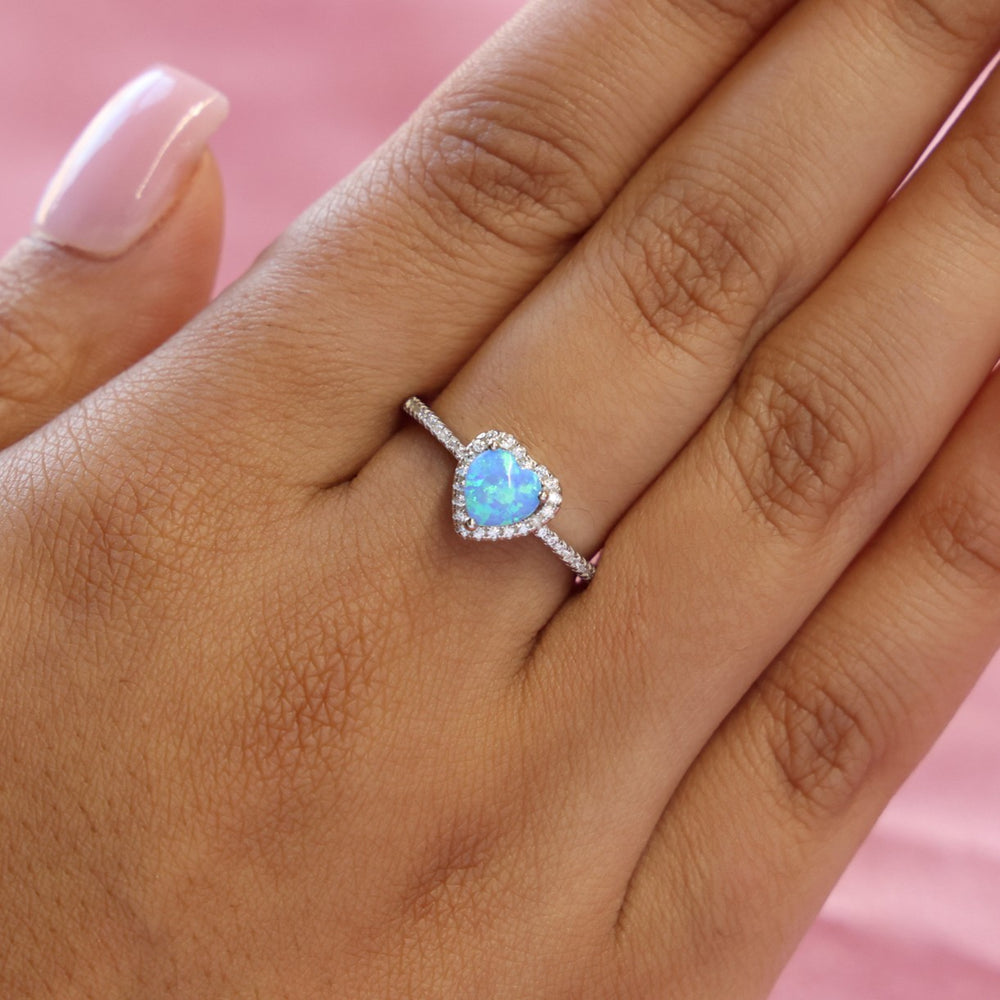 Lab Opal Heart Diamond Ring - 925 Silver