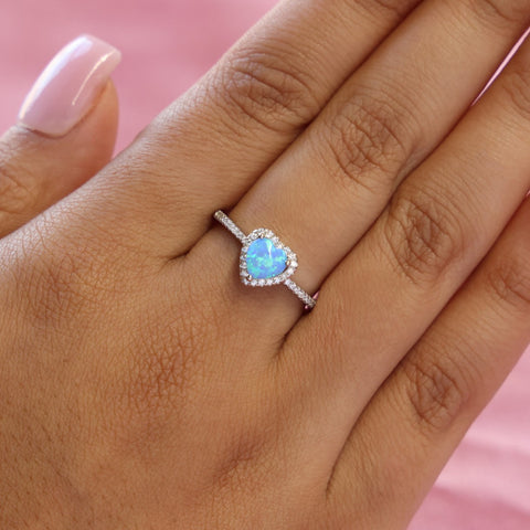 Lab Opal Heart Diamond Ring - 925 Silver