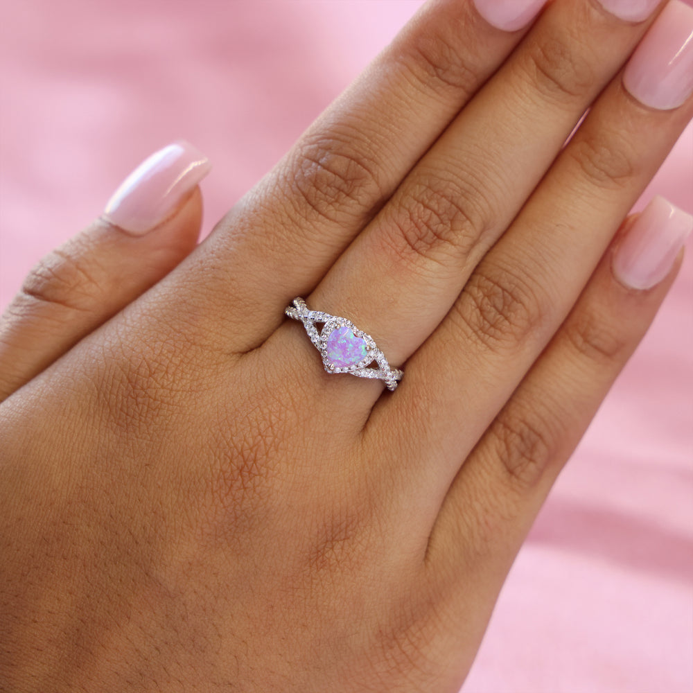Pink Lab Opal Heart Infinity Diamond Ring - 925 Silver
