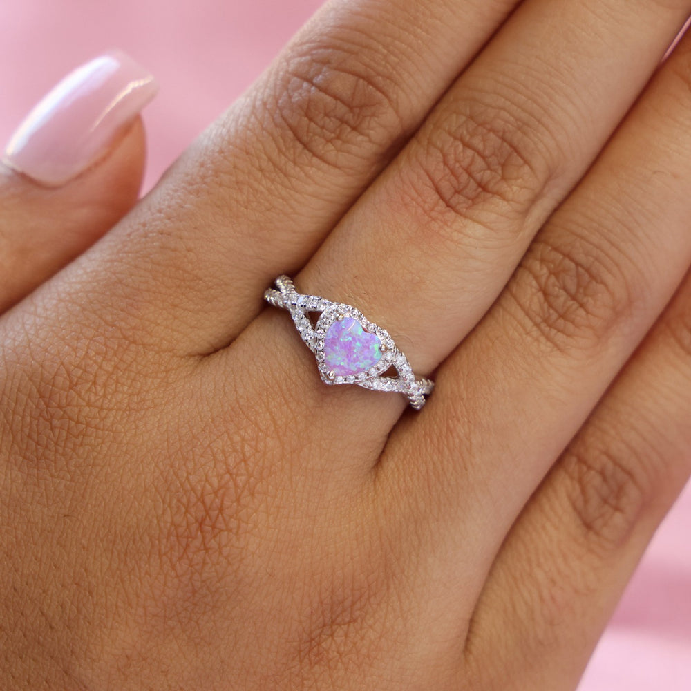 Pink Lab Opal Heart Infinity Diamond Ring - 925 Silver