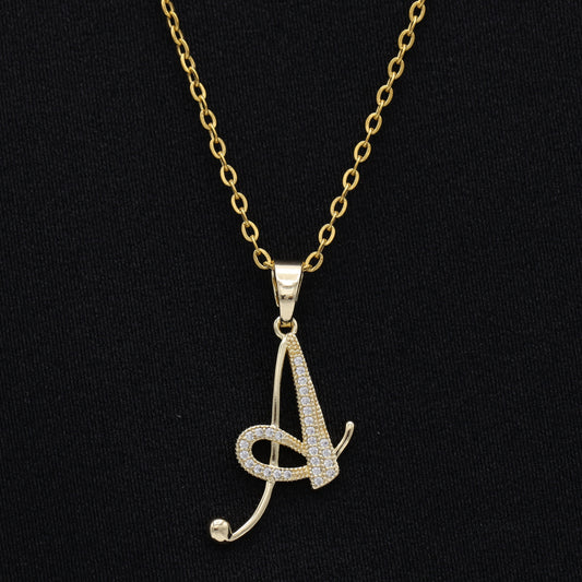 Iced Initial Cursive Letter Necklace - Gold