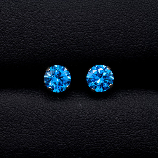 6mm Round Blue Topaz CZ Stud Earrings - 925 Silver