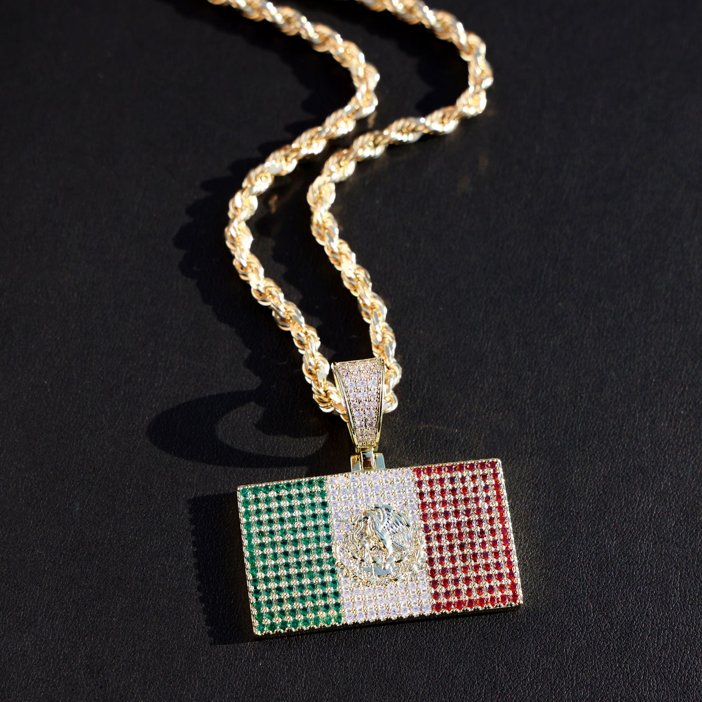 Iced Out Mexican Flag Pendant - 14k Gold