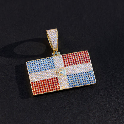 Iced out Dominican Republic Flag Pendant - 14k Gold