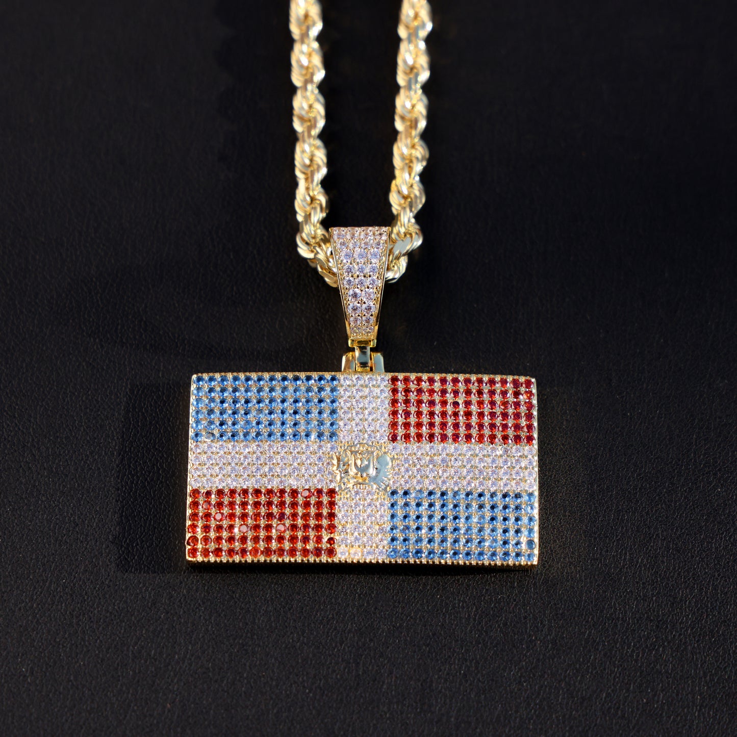 Iced out Dominican Republic Flag Pendant - 14k Gold