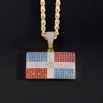 Iced out Dominican Republic Flag Pendant - 14k Gold