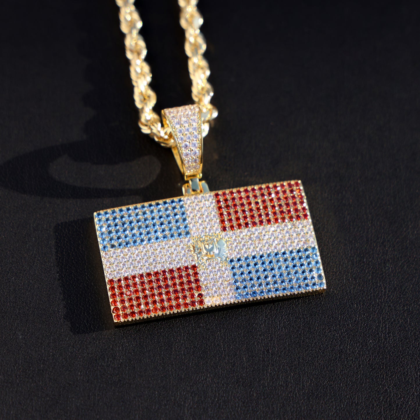 Iced out Dominican Republic Flag Pendant - 14k Gold