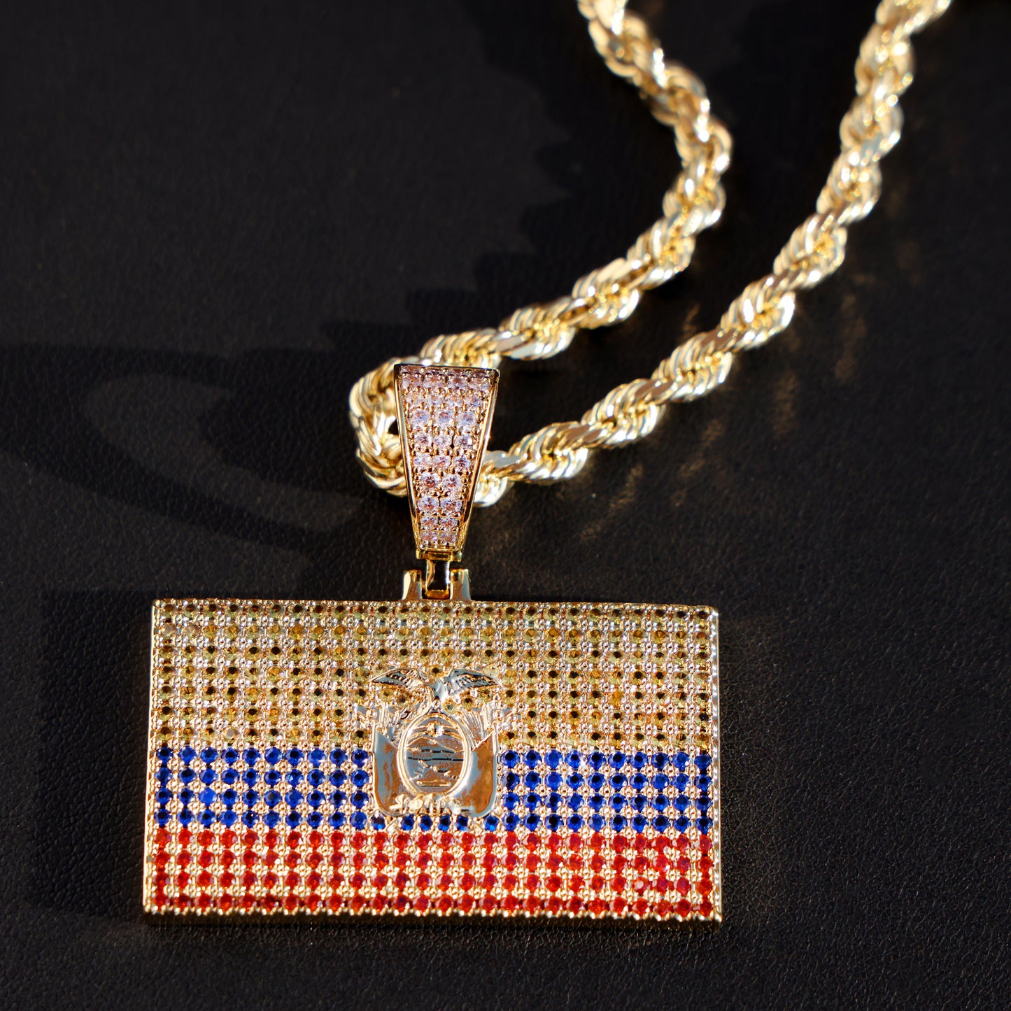 Iced out Ecuador Flag Pendant - 14k Gold