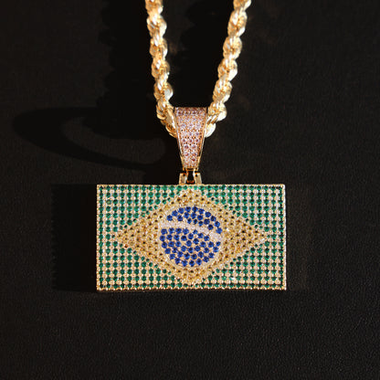 Iced out Brazil Flag Pendant - 14k Gold