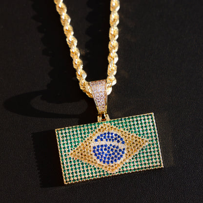 Iced out Brazil Flag Pendant - 14k Gold