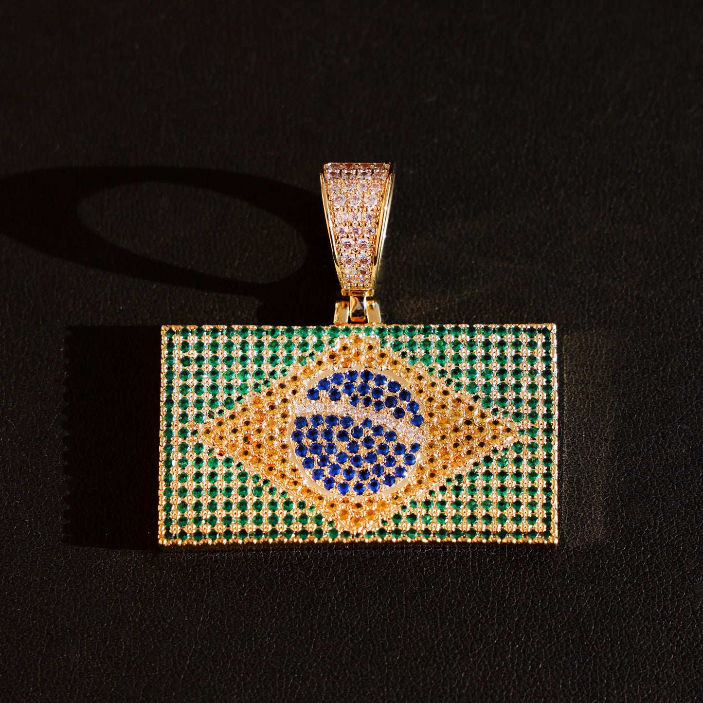 Iced out Brazil Flag Pendant - 14k Gold