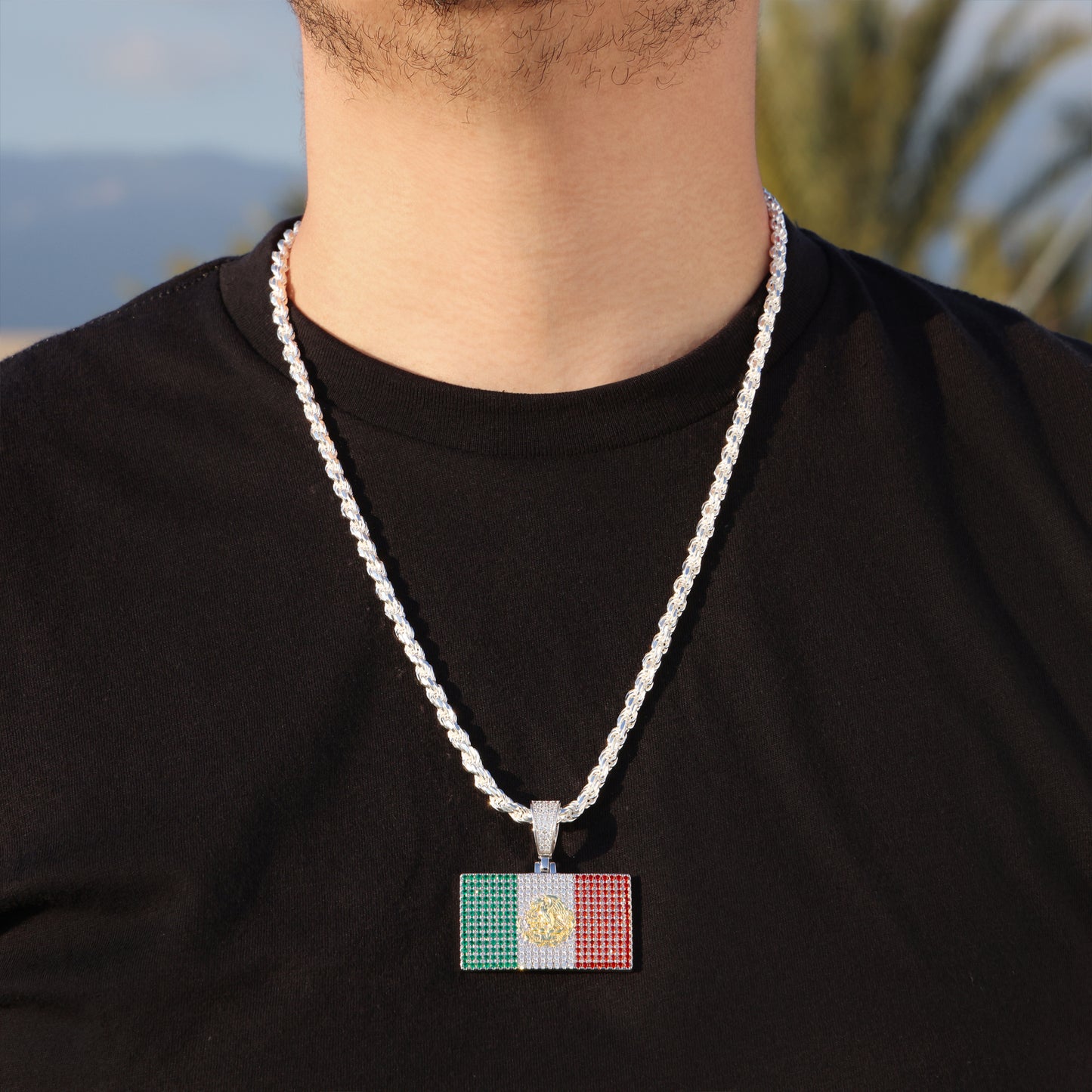 Iced Out Mexican Flag Pendant - Real 925 Silver