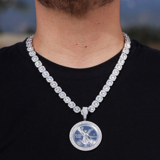 Moissanite Clustered Tennis Chain + Iced Moissanite Bezel Centenario Pendant Set - 925 Silver