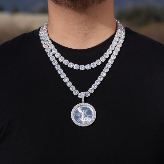 Moissanite Clustered Tennis Iced Bezel Centenario Pendant Layered Set - 925 Silver