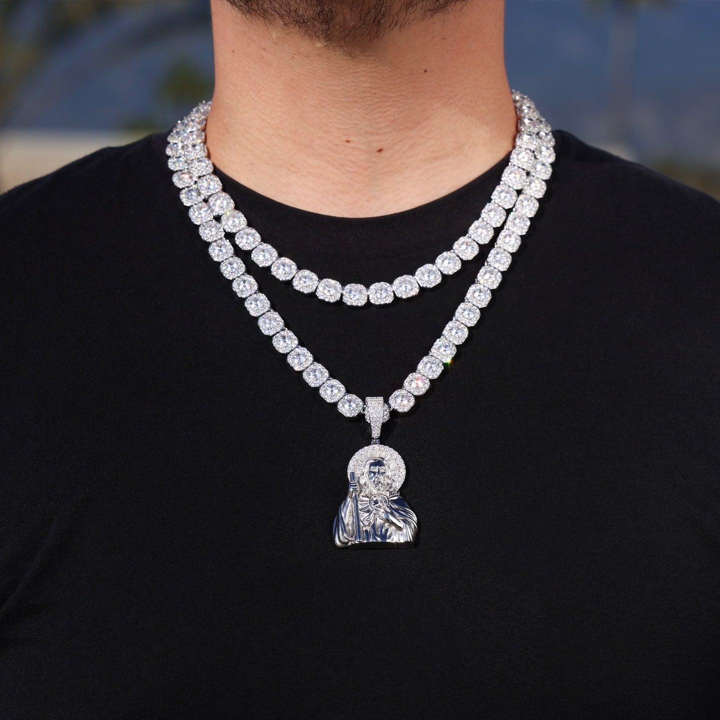 Moissanite Clustered Tennis Iced Half Body San Judas Baguette Pendant Layered Set - 925 Silver