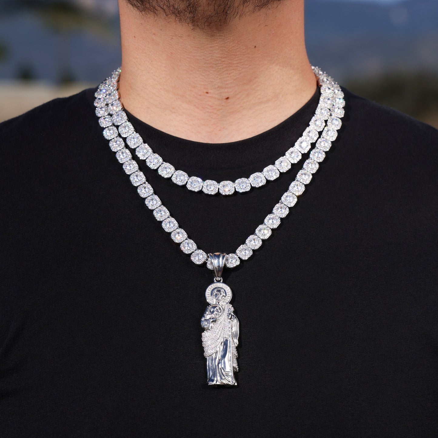 Moissanite Clustered Tennis Iced Big San Judas Pendant Layered Set - 925 Silver