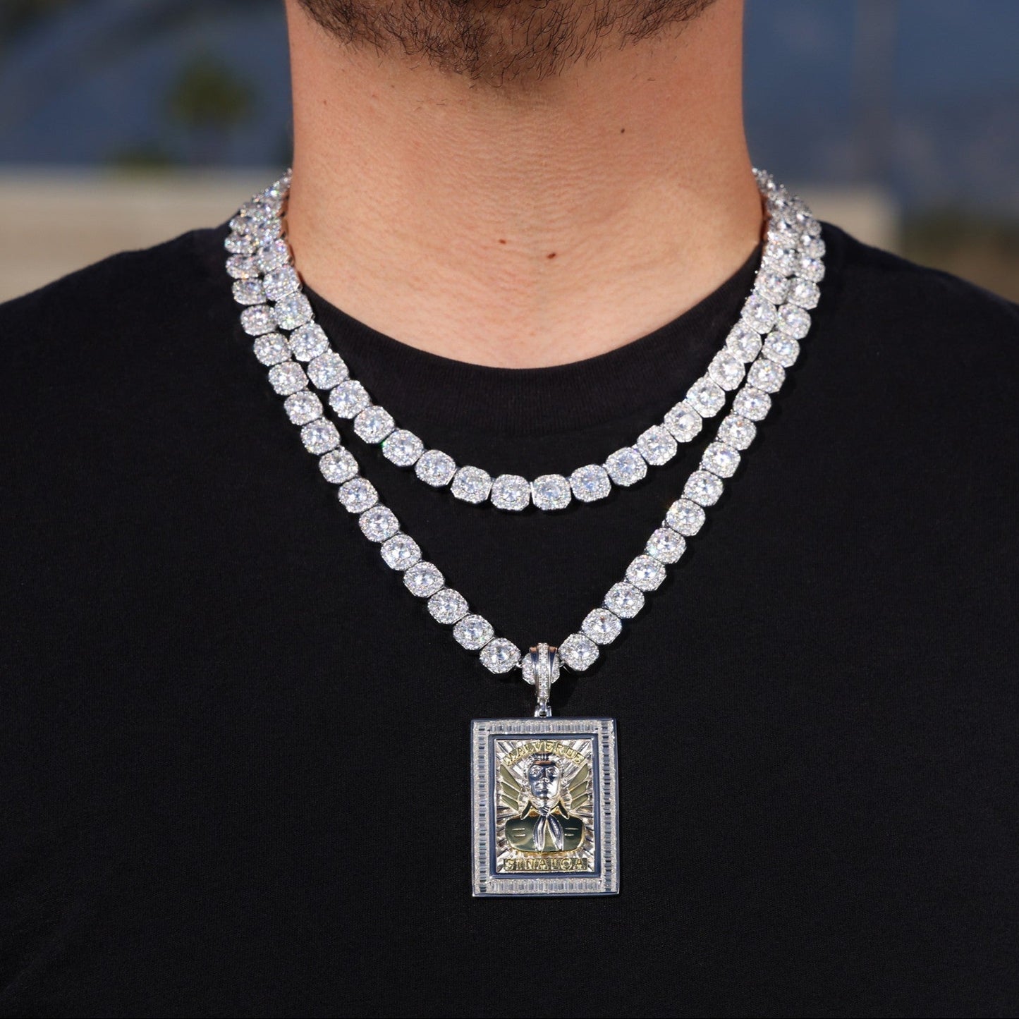 Moissanite Clustered Tennis Big Jesus Malverde Pendant Layered Set - 925 Silver