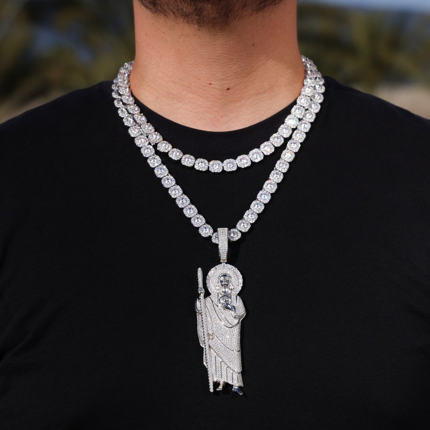 Moissanite Clustered Tennis XL Fully Iced San Judas Pendant Layered Set - 925 Silver