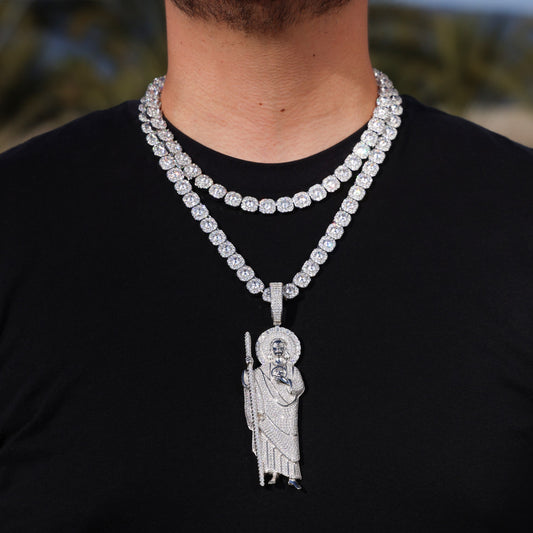 Moissanite Clustered Tennis XL Fully Iced San Judas Pendant Layered Set - 925 Silver